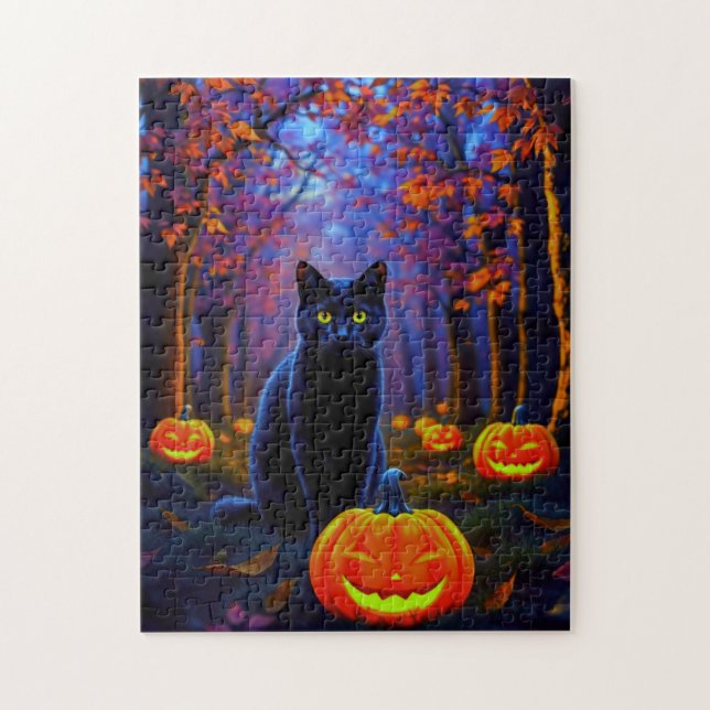 Schwarze Katze im Kürbiswald zu Halloween Puzzle (Vertikal)