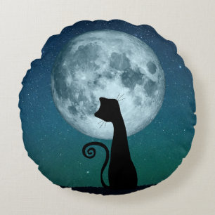 Schwarze Katze im Mondlicht Rundwurfkissen Rundes Kissen