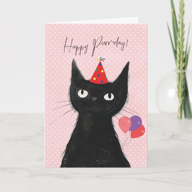 Schwarze Katze im Party hat eine lustige Geburtsta Karte (Vorderseite)
