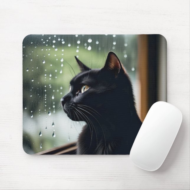 Schwarze Katze im Regenfenster Mousepad (Mit Mouse)