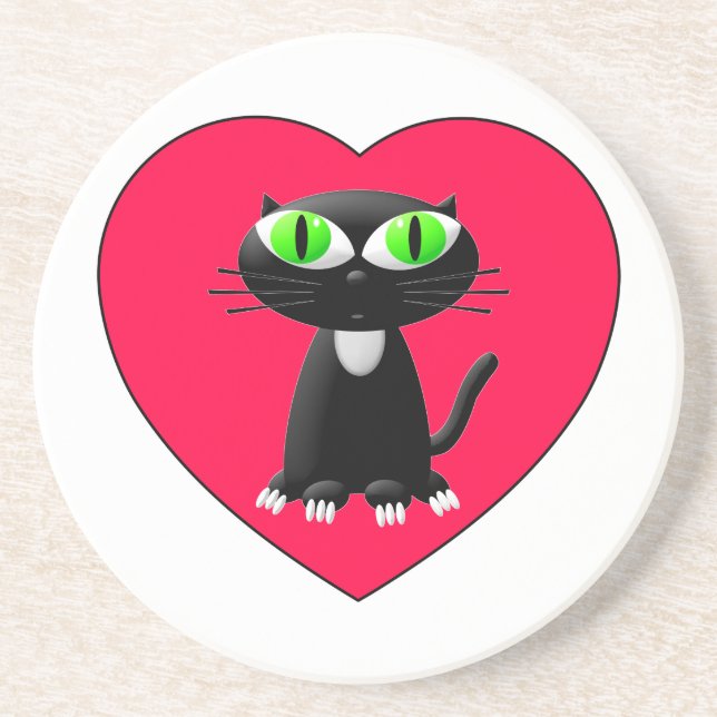 Schwarze Katze im roten Herzen Sandstein Untersetzer (Vorne)