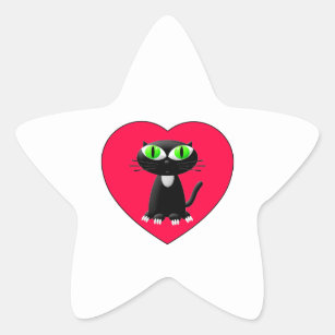 Schwarze Katze im roten Herzen Stern-Aufkleber