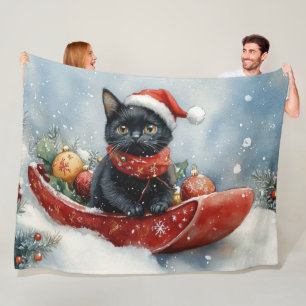 Schwarze Katze im Schlitten Lass es schneien Weihn Fleecedecke