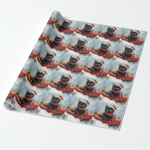 Schwarze Katze im Schlitten Lass es schneien Weihn Geschenkpapier