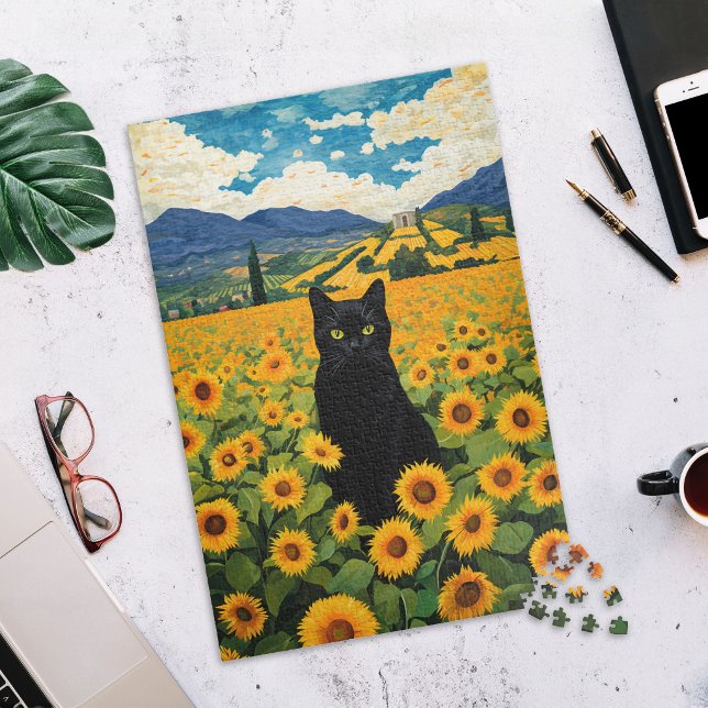 Schwarze Katze im Sonnenblumenfeld Puzzle (Von Creator hochgeladen)