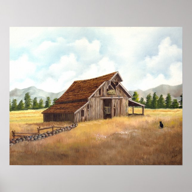 Schwarze Katze im Stallgebäude Poster (Vorne)