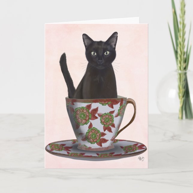 Schwarze Katze im Teacup Karte (Vorderseite)