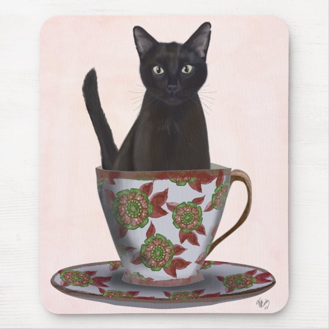 Schwarze Katze im Teacup Mousepad (Vorne)