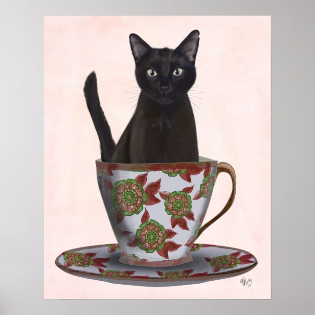 Schwarze Katze im Teacup Poster (Vorne)