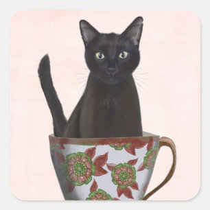 Schwarze Katze im Teacup Quadratischer Aufkleber
