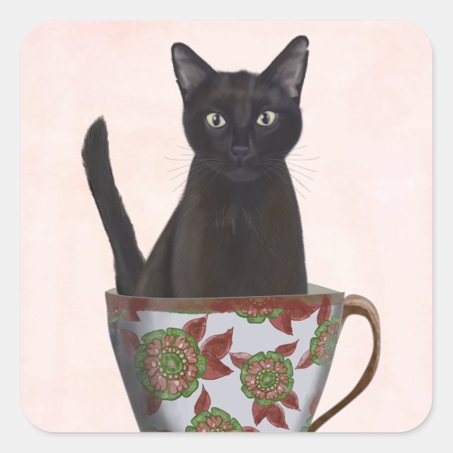 Schwarze Katze im Teacup Quadratischer Aufkleber (Vorderseite)