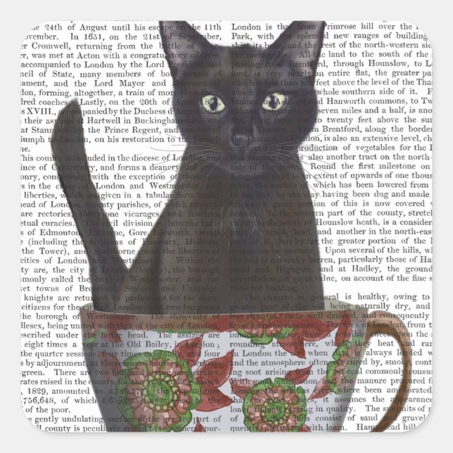 Schwarze Katze im Teacup Quadratischer Aufkleber (Vorderseite)