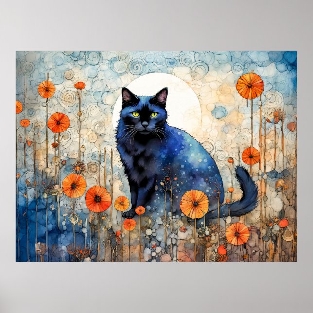 Schwarze Katze in Aquarellen auf dem Mohnfeld Poster (Vorne)