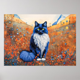 Schwarze Katze in Aquarellen auf dem Mohnfeld Poster