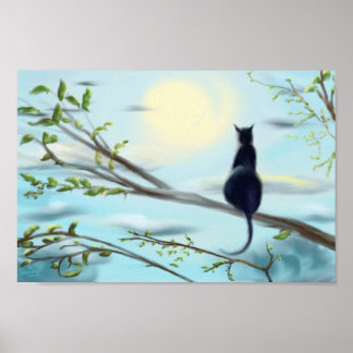 Schwarze Katze in Baumwasserfarbkunst Poster