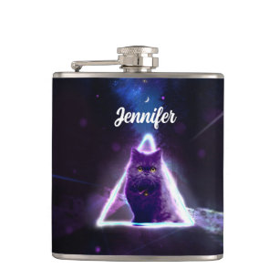 Schwarze Katze in blauem Neondreieck des Hipsters Flachmann