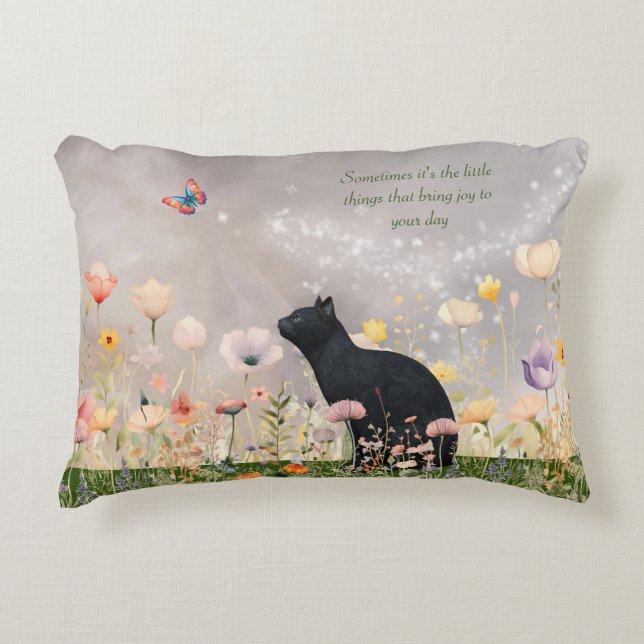 Schwarze Katze in Blume Dekokissen (Vorderseite)