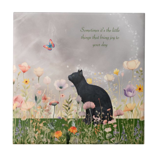 Schwarze Katze in Blume Fliese (Vorderseite)