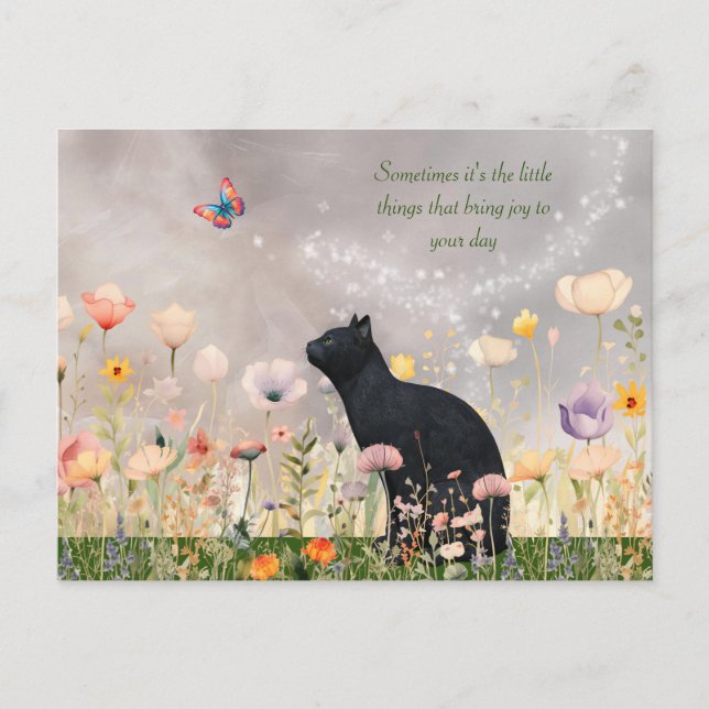 Schwarze Katze in Blume Postkarte (Vorderseite)