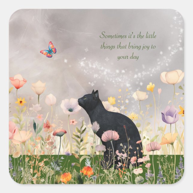 Schwarze Katze in Blume Quadratischer Aufkleber (Vorderseite)