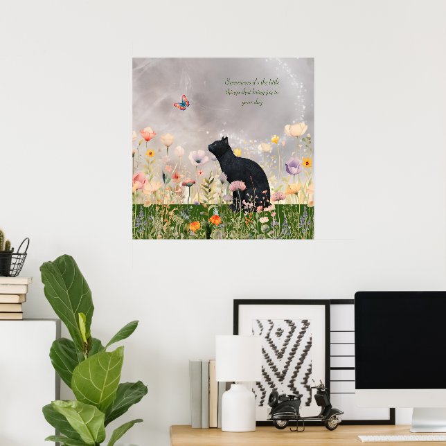 Schwarze Katze in Blumen Poster (Heimbüro)
