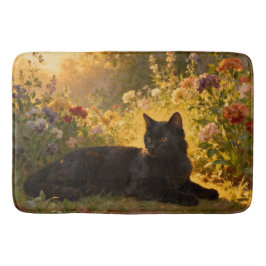 Schwarze Katze in den Blumen I Badematte