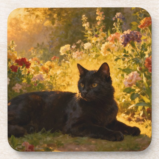 Schwarze Katze in den Blumen I Getränkeuntersetzer (Vorderseite)