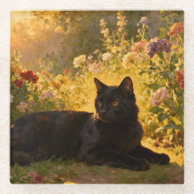 Schwarze Katze in den Blumen I Glasuntersetzer (Vorderseite)