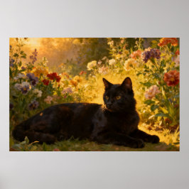 Schwarze Katze in den Blumen I Poster