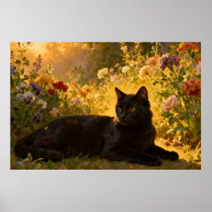 Schwarze Katze in den Blumen I Poster