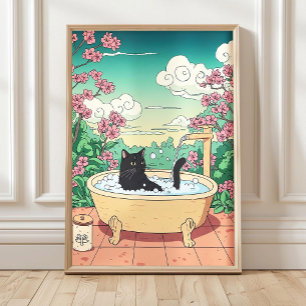 Schwarze Katze in der Badewanne Druck, Japanischer Poster