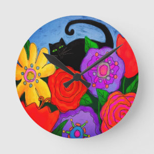 Schwarze Katze in der Garten-abstrakten Kunst Runde Wanduhr