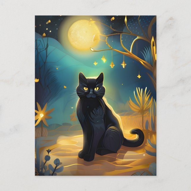 Schwarze Katze in der Nachtpostkarte Postkarte (Vorderseite)