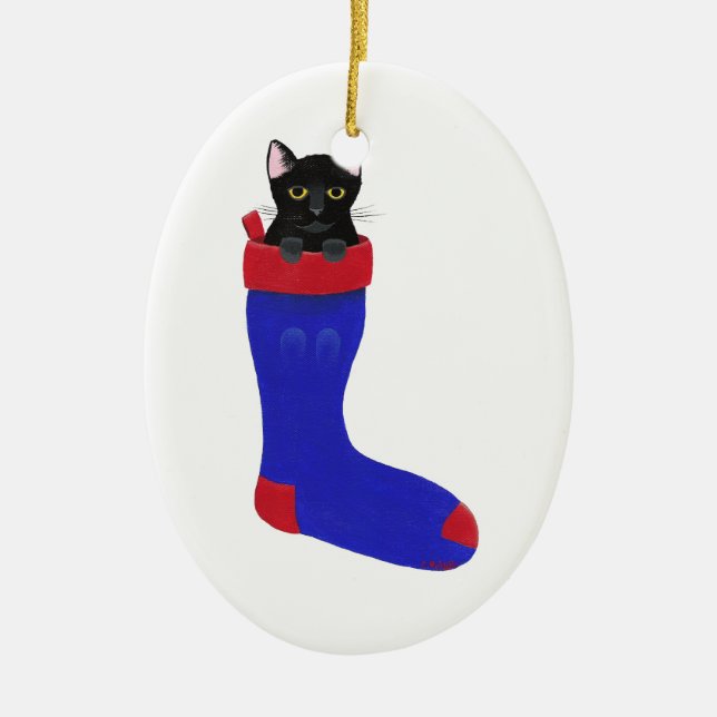 Schwarze Katze in der WeihnachtsStrumpf-Verzierung Keramik Ornament (Vorne)
