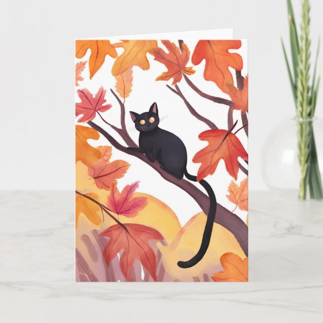 Schwarze Katze in einem Baum | Herbstspöttin Niedl Karte (Vorderseite)