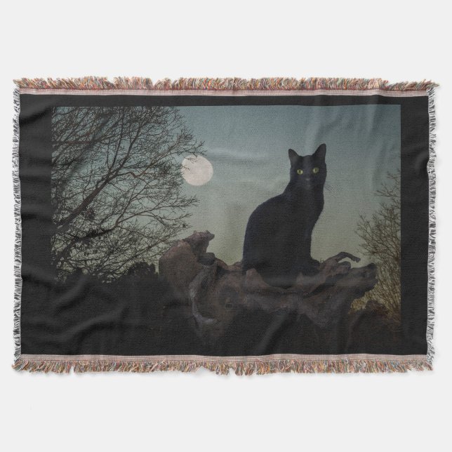 Schwarze Katze in einem Baum vor Vollmond Decke (Vorderseite)
