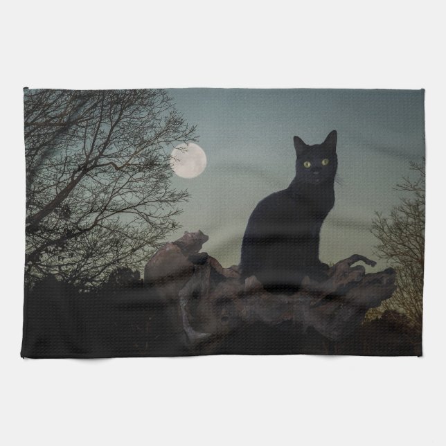 Schwarze Katze in einem Baum vor Vollmond Geschirrtuch (Horizontal)