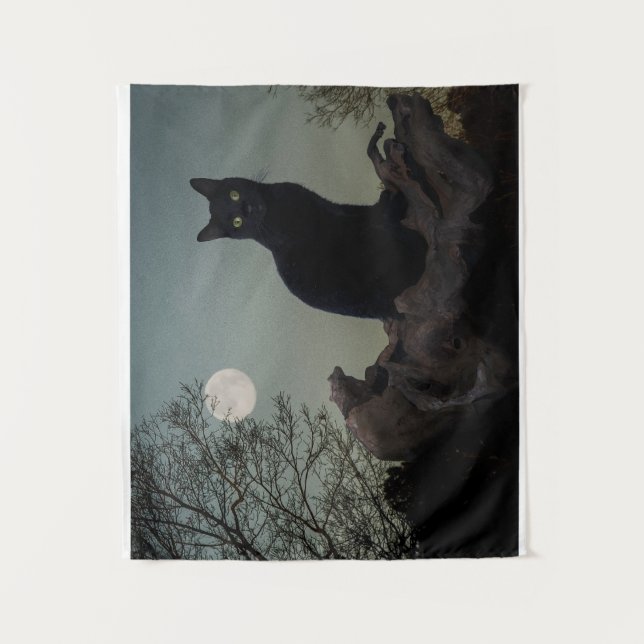 Schwarze Katze in einem Baum vor Vollmond Wandteppich (Vorderseite)