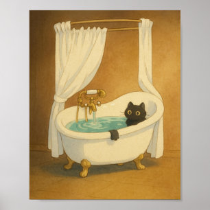 Schwarze Katze in einem Clawfoot Bathtub Art Print Poster