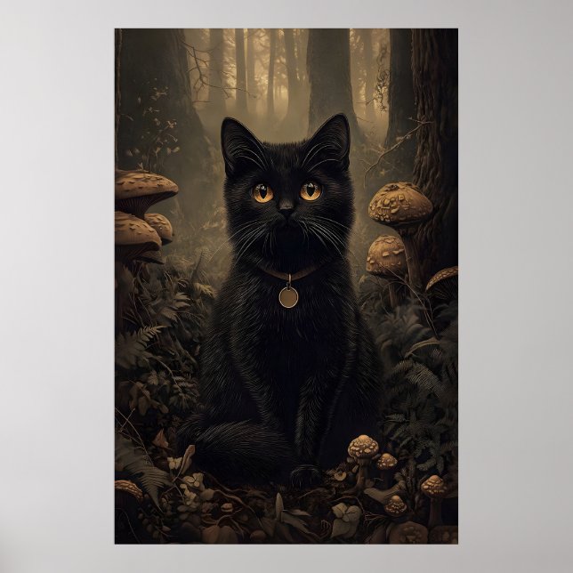 Schwarze Katze in einem dunklen Herbstwald mit Pil Poster (Vorne)