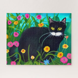 Schwarze Katze in einem farbenfrohen Blumengarten Puzzle