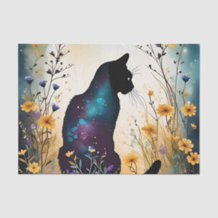 Schwarze Katze in einem Feld von Blume Seidenpapier