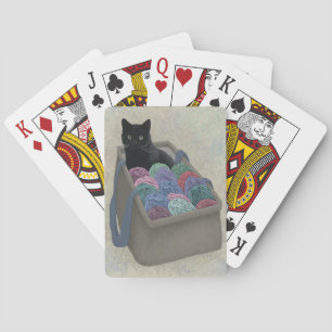 Schwarze Katze in einem Garnbeutel Spielkarten