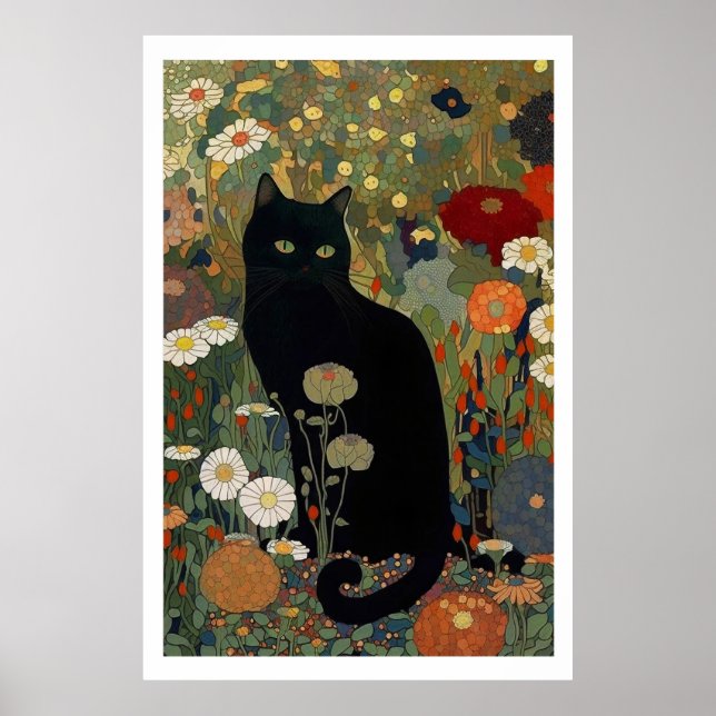 Schwarze Katze in einem Gartenposter Poster (Vorne)