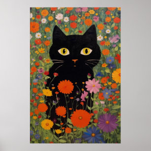 Schwarze Katze in einem Gartenposter Poster