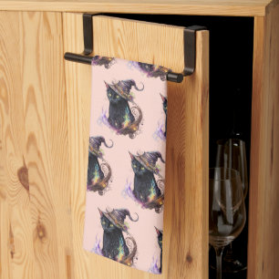 Schwarze Katze in einem Hexenhut Orange Halloween Geschirrtuch