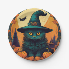 Schwarze Katze in einem Hexenhut Pappteller