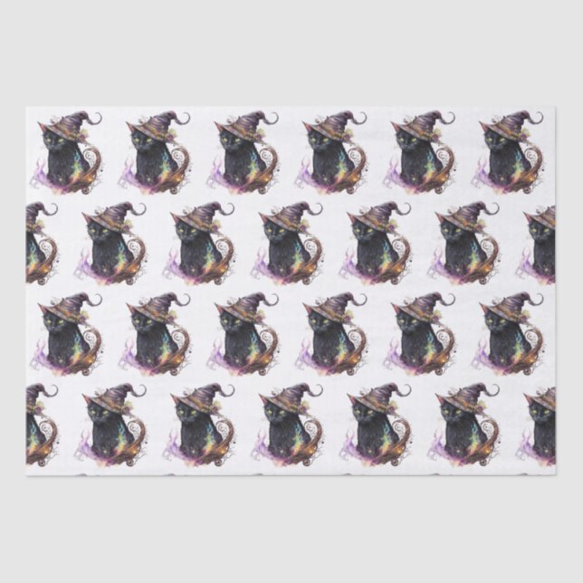 Schwarze Katze in einem Hexenhut Weißes Halloween Seidenpapier (Vorderseite)