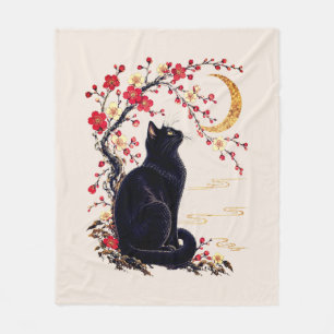 Schwarze Katze in einem japanischen Mondgarten Fleecedecke