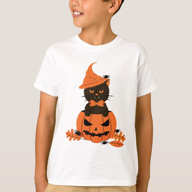 Schwarze Katze in einem Kürbis, Halloween T-Shirt (Vorderseite)